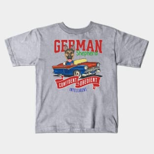 Humor funny and cute German Shepherd dog driving a classic vintage car with red white and blue flags with dog's personality Kids T-Shirt